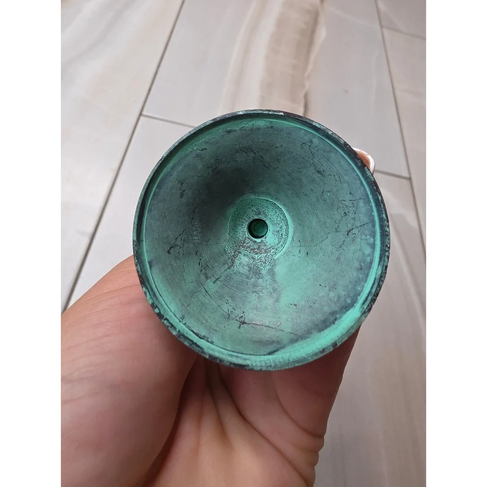 Vintage MCM Brutalist Miniature Bud Vase Green Verdigris Patina Metal 6.75 in A2